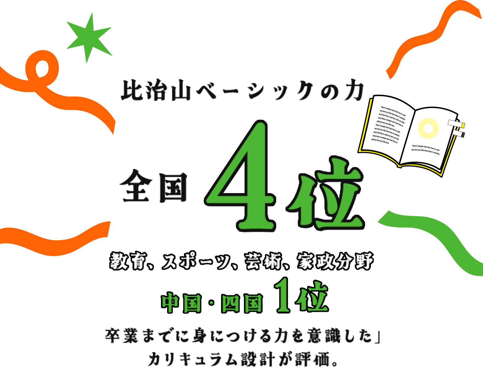 比治山ベーシックの力 全国4位 教育、スポーツ、芸術、家政分野 中国・四国1位 卒業までに身につける力を意識したカリキュラム設計が評価。