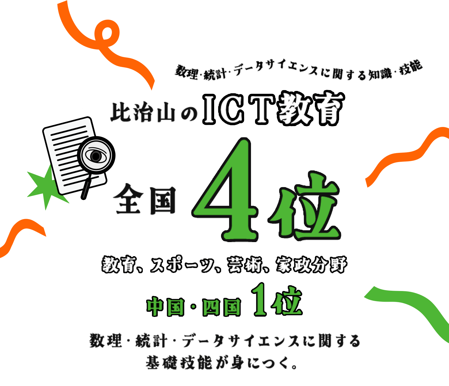 比治山のICT教育 数理・統計・データサイエンスに関する知識・技能 全国4位 教育、スポーツ、芸術、家政分野 中国・四国1位 数理・統計・データサイエンスに関する基礎技能が身につく。